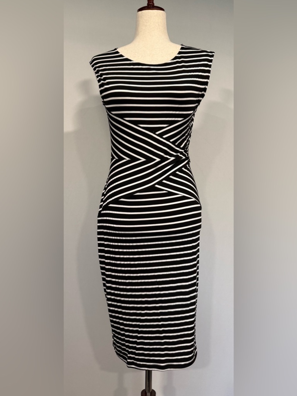 Black & White Striped Midi Dress with Twist Waist
